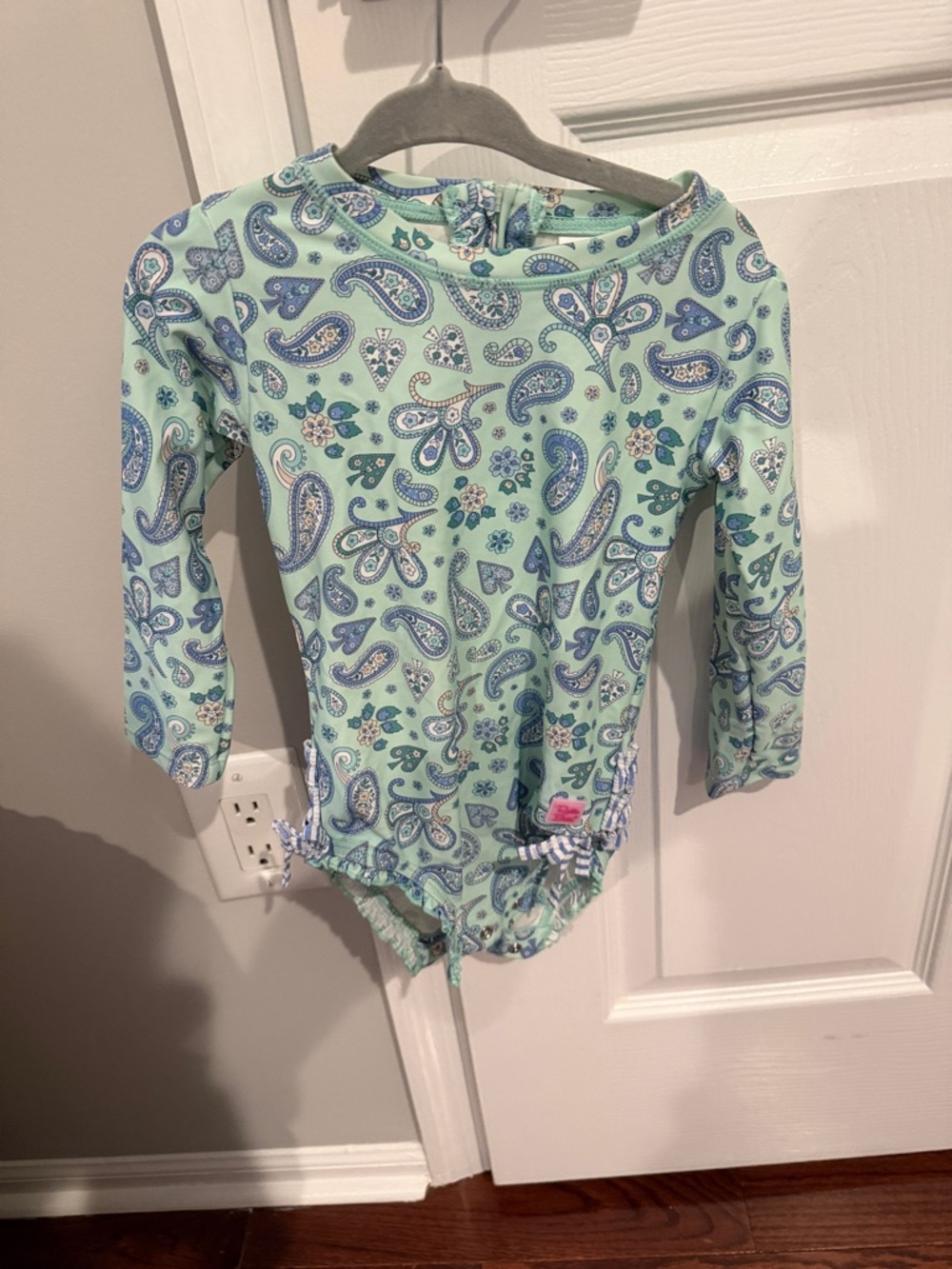 Ruffle Butts Mint Paisley Long-Sleeve One-Piece Swimsuit with Blue Accents